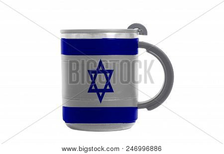 Thermos Travel Mug With Flag Of Israel Isolated On White Background