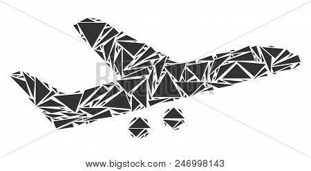 Aiplane Collage Of Triangle Elements In Different Sizes And Shapes. Vector Triangles Are Combined In