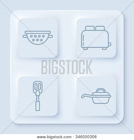 Set Line Kitchen Colander , Toaster With Toasts , Spatula And Frying Pan . White Square Button. Vect