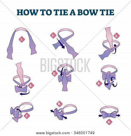 How To Tie A Bow Tie Explanation Steps, Illustrated Vector Scheme. Gentleman Style Fashion Knowledge