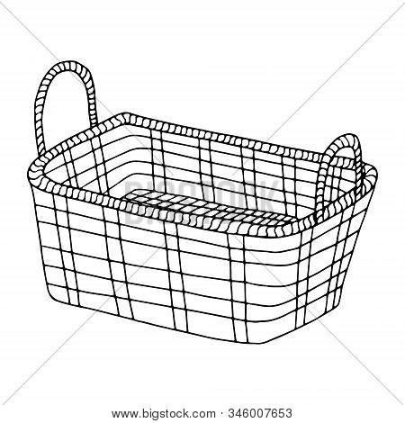 Hand-drawn Wicker Basket Isolated On A White Background.square High Basket For A Picnic, For Collect