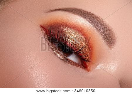 Fashion Celebrate Makeup With Red Liner, Gold Shadows, Glowy Clean Skin, Perfect Shapes Of Brows. Ma