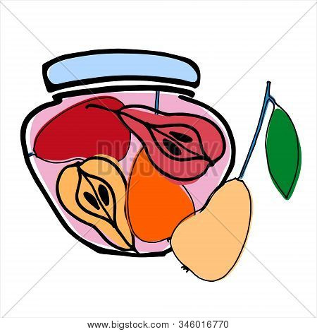 Jars With Stewed Pears Vector Illustration. Healthy, Organic Foods, Veganism Theme. Home Canning The