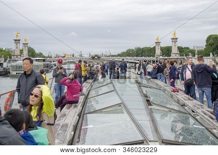 Paris, France - 6th June, 2019: Boat Tour Trip Of The Seine River In Paris. View From The Boat. Tour