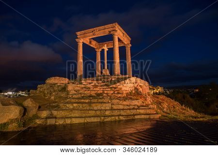 Spanish city of Avila, night view of the 4 poles, (Los 4 Postes). Avila, Spain