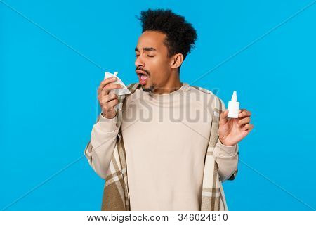 Ahchoo. Sick African American Guy Staying At Home, Skip College Feeling Unwell, Caught Cold, Sneezin