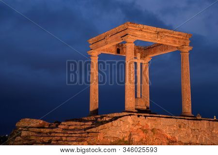 Spanish city of Avila, night view of the 4 poles, (Los 4 Postes). Avila, Spain