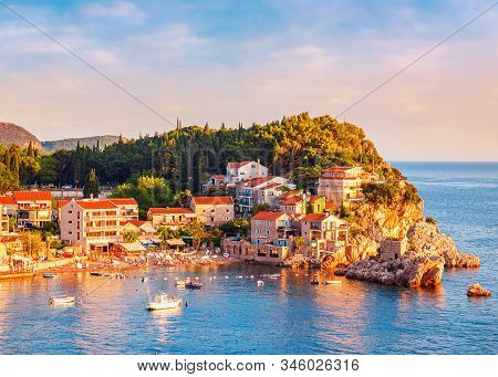 Picturesque Summer View Of Adriatic Sea Coast In Budva Riviera. Przno Village With Buildings On The 