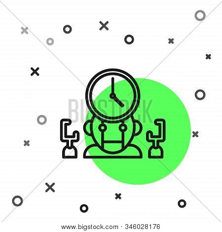 Black Line Robot And Digital Time Manager Icon Isolated On White Background. Time Management Assista