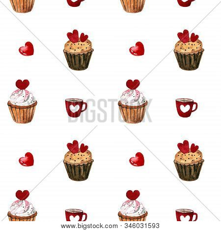 Seamless Pattern With Capcakes, Cup And Herrts On White Background Watercolor Illustration