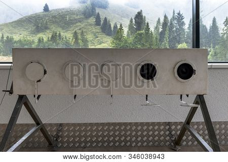 Hochfilzen, Austria - September 2018: Example Of The Real Shooting Target At The Local Biathlon Aren