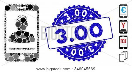 Mosaic Mobile Patient Icon And Grunge Stamp Watermark With 3.00 Text. Mosaic Vector Is Created With 