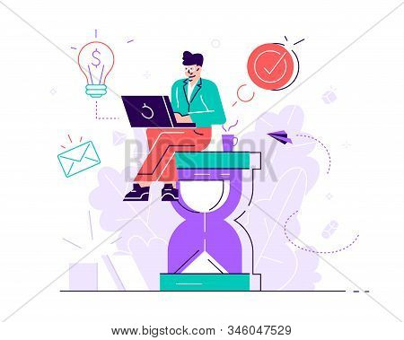 Happy Handsome Office Worker Sitting On An Hourglass And Doing Several Actions At The Same Time. Mul