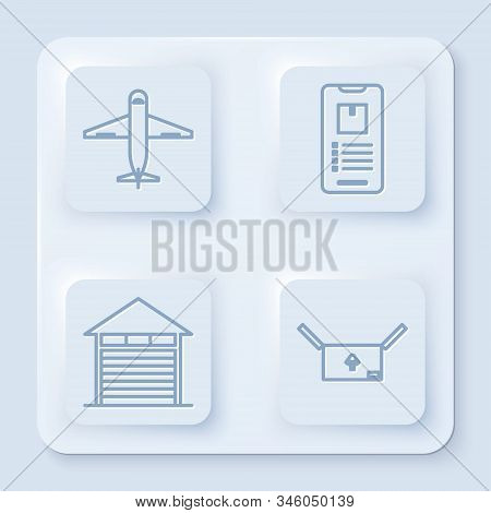 Set Line Plane , Mobile Phone With App Delivery Tracking , Closed Warehouse And Cardboard Box With T
