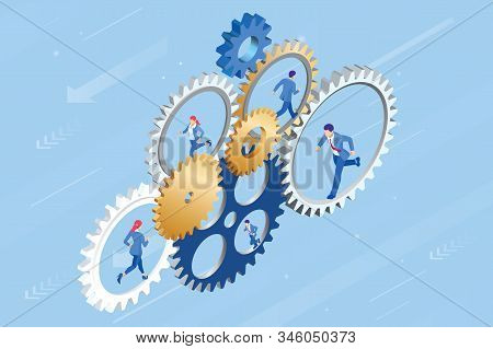 Isometric Businessmen Running In Gear Wheel. Business Of Hard Work, Motivation And Success Concept.