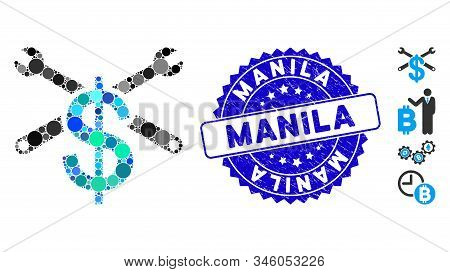 Mosaic Service Price Icon And Grunge Stamp Seal With Manila Text. Mosaic Vector Is Created From Serv