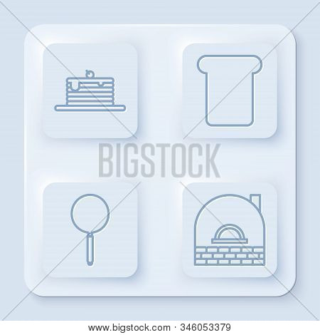 Set Line Stack Of Pancakes , Bread Toast, Frying Pan And Brick Stove . White Square Button. Vector