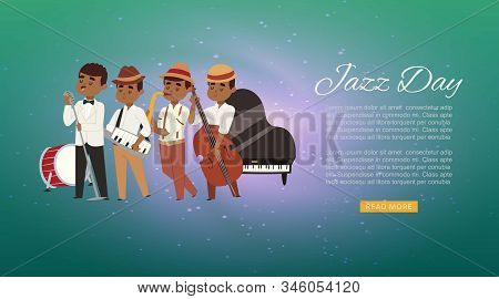 Jazz Band With Cartoon Characters Singer, Saxophonist And Double-bass Player Musicians Web Banner Ve