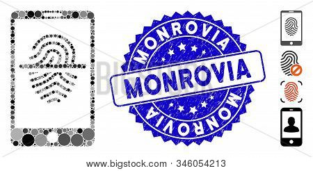 Mosaic Smartphone Fingerprint Scanner Icon And Rubber Stamp Watermark With Monrovia Phrase. Mosaic V