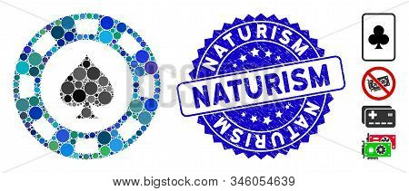 Collage Spades Casino Chip Icon And Rubber Stamp Seal With Naturism Phrase. Mosaic Vector Is Designe