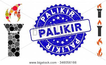 Mosaic Torch Flame Icon And Distressed Stamp Watermark With Palikir Phrase. Mosaic Vector Is Designe