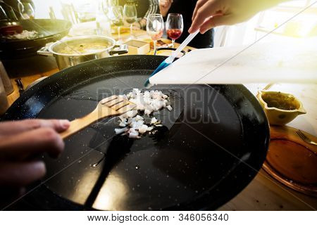Paella Ingredients On The Pan, This Is A Traditional Spanish Food Usually Prepared With Rice, Meat, 