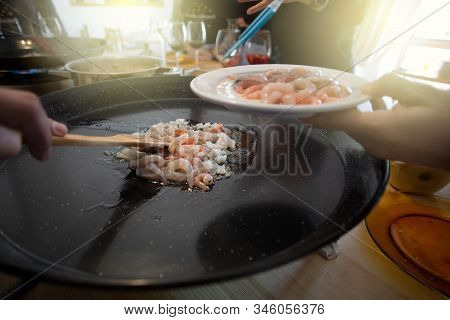 Paella Ingredients, Shrimps, On The Pan. Traditional Spanish Food Usually Prepared With Rice, Meat, 