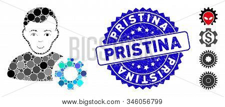 Mosaic User Options Gear Icon And Rubber Stamp Seal With Pristina Caption. Mosaic Vector Is Created 