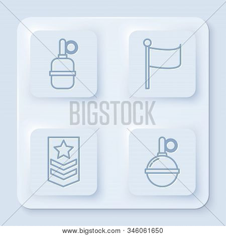 Set Line Hand Grenade , Flag , Chevron And Hand Grenade . White Square Button. Vector