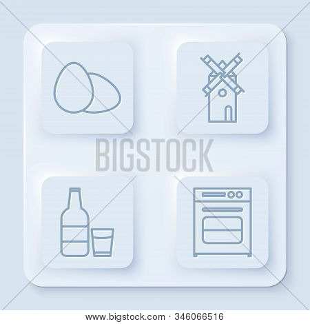 Set Line Chicken Egg , Windmill , Glass Bottle With Milk And Glass And Oven . White Square Button. V