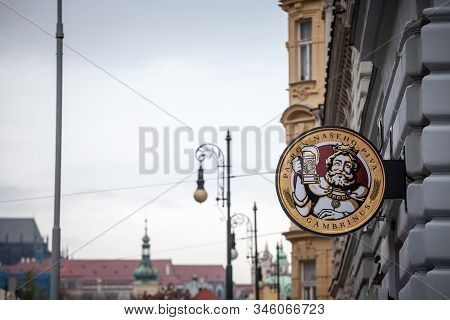 Prague, Czechia - November 2, 2019:  Gambrinus Logo In Front Of A Local Retailer Bar In Prague. Gamb