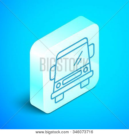 Isometric Line Car Icon Isolated On Blue Background. Front View. Silver Square Button. Vector Illust