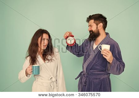Wakeup Time. Family Life Routine. Funny Couple In Love Alarm Clock. Love Relations. Tea Time At Home