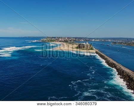 Drone Fly By Of The Breakwall At Nobbys Head In Newcastle