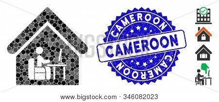 Mosaic Office Room Icon And Rubber Stamp Seal With Cameroon Caption. Mosaic Vector Is Created With O