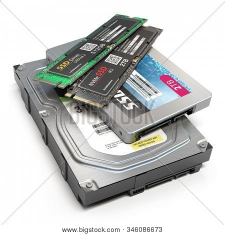 Set of different data storage devices. Hdd, ssd and ssd m2 isolated on white background. 3d illustration