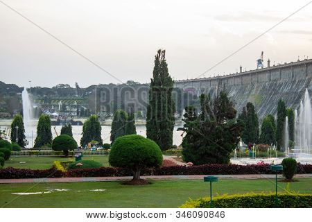 Mysore, Karnataka / India - January 01 2020: Beautiful Landscaped Garden With Water Fountains In Bri