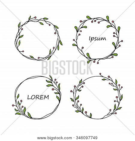 Hand Drawn Set Of Cicle Floral Frame. Border For Banner, Wedding, Greeting Card Design. Sketch Style
