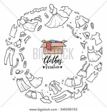 Hand Drawn Illustration Of Clothes Donate, Charity, Care Concept. Doodle Sketch Style Elements Of Cl