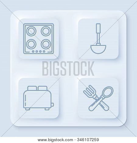 Set Line Gas Stove , Kitchen Ladle , Toaster With Toasts And Crossed Fork And Spoon . White Square B