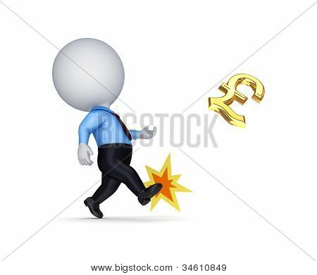 3D pessoa pequena chutando um cifrão dourado.