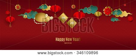 Happy Chinese New Year 2020 Of Rat. Banner With Hanging Gold Mouse, Clouds, Lanterns, Flowers On Red