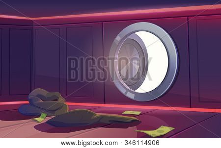 Bank Vault Room With Open Door, Some Dollar Banknotes And Empty Sacks Lying On Floor, Sun Light Fall