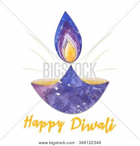 Watercolor Diwali Lamp With Flame And Shine Isolated On Whiote Background