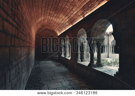 Hallway in Romanesque monastery in village in Pueblo Espanol Barcelona, Spain