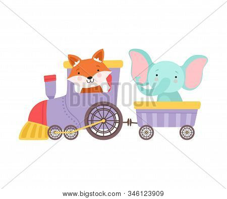 Cheerful Red Cheeked Elephant And Fox Driving Toy Wheeled Train Vector Illustration