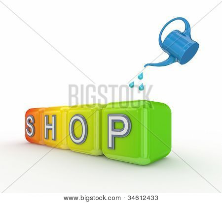 Blå bailer og farverige kuber med et ord SHOP.