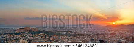 Athens skyline panorama viewed from Mt Lykavitos with Acropolis, Greece.