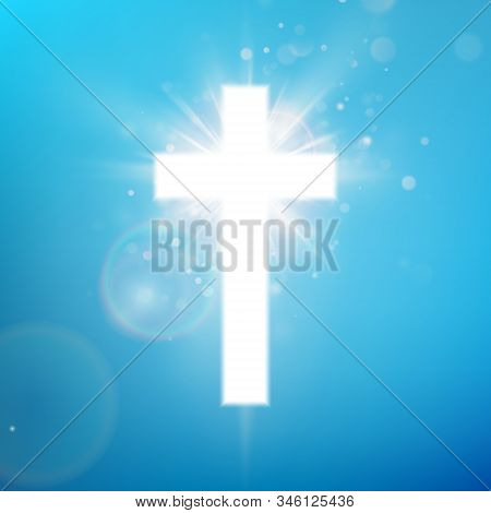 Shining White Cross Effect On Blue Sky. Shining Saint Cross. Riligious Symbol. Easter And Christmas 