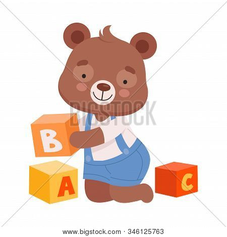 Cheerful Bear Character Wearing Playsuit Sitting On The Floor And Playing Alphabet Cubes Vector Illu